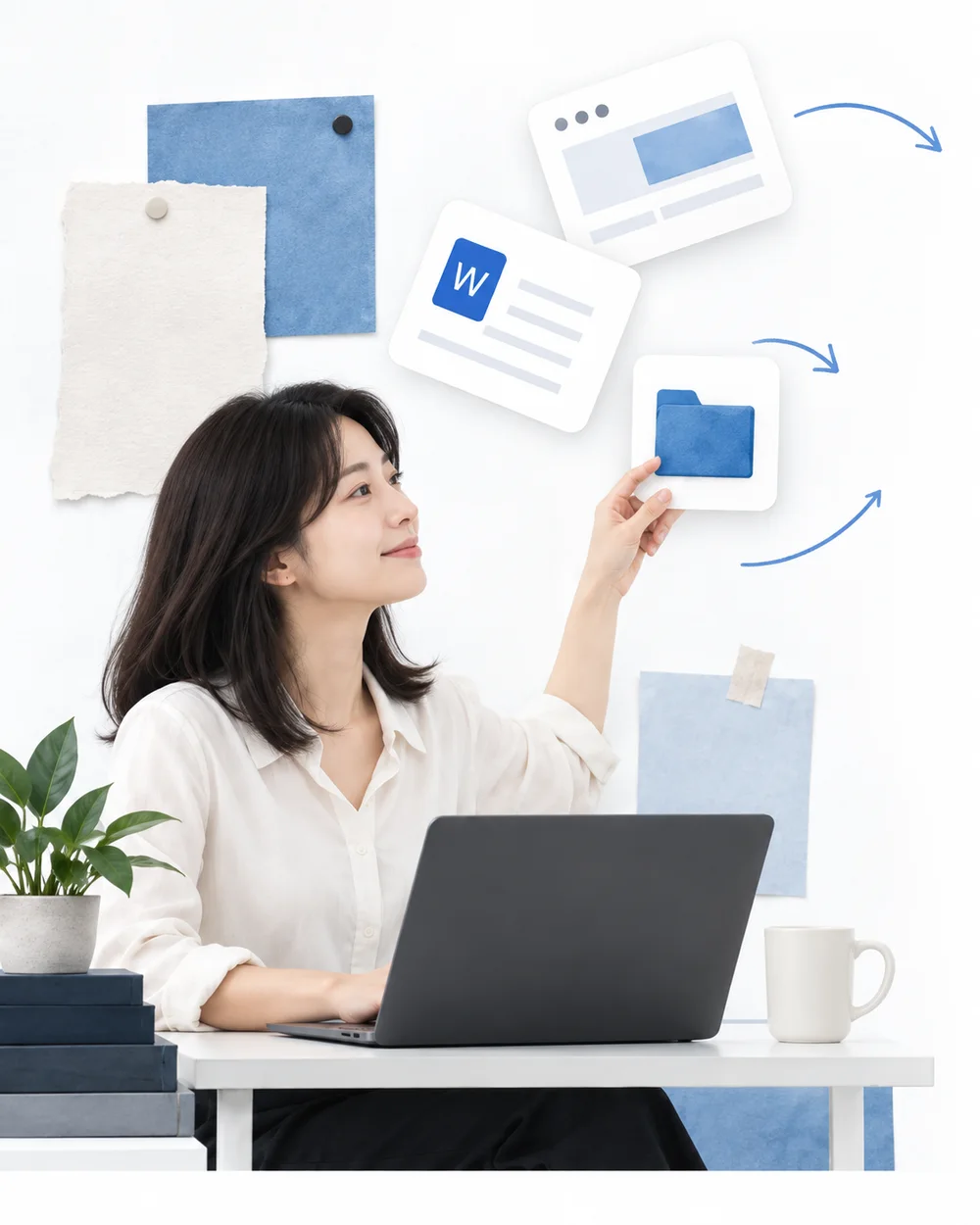 A person working on a laptop, with document and folder cards in an illustrative collage
